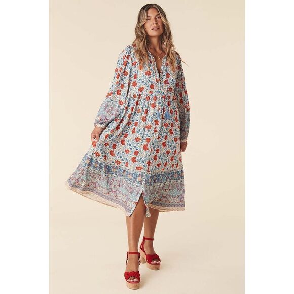 Spell Multicolor Long Sleeve V-Neck Village Button Down Midi Dress Size Small - Picture 1 of 10